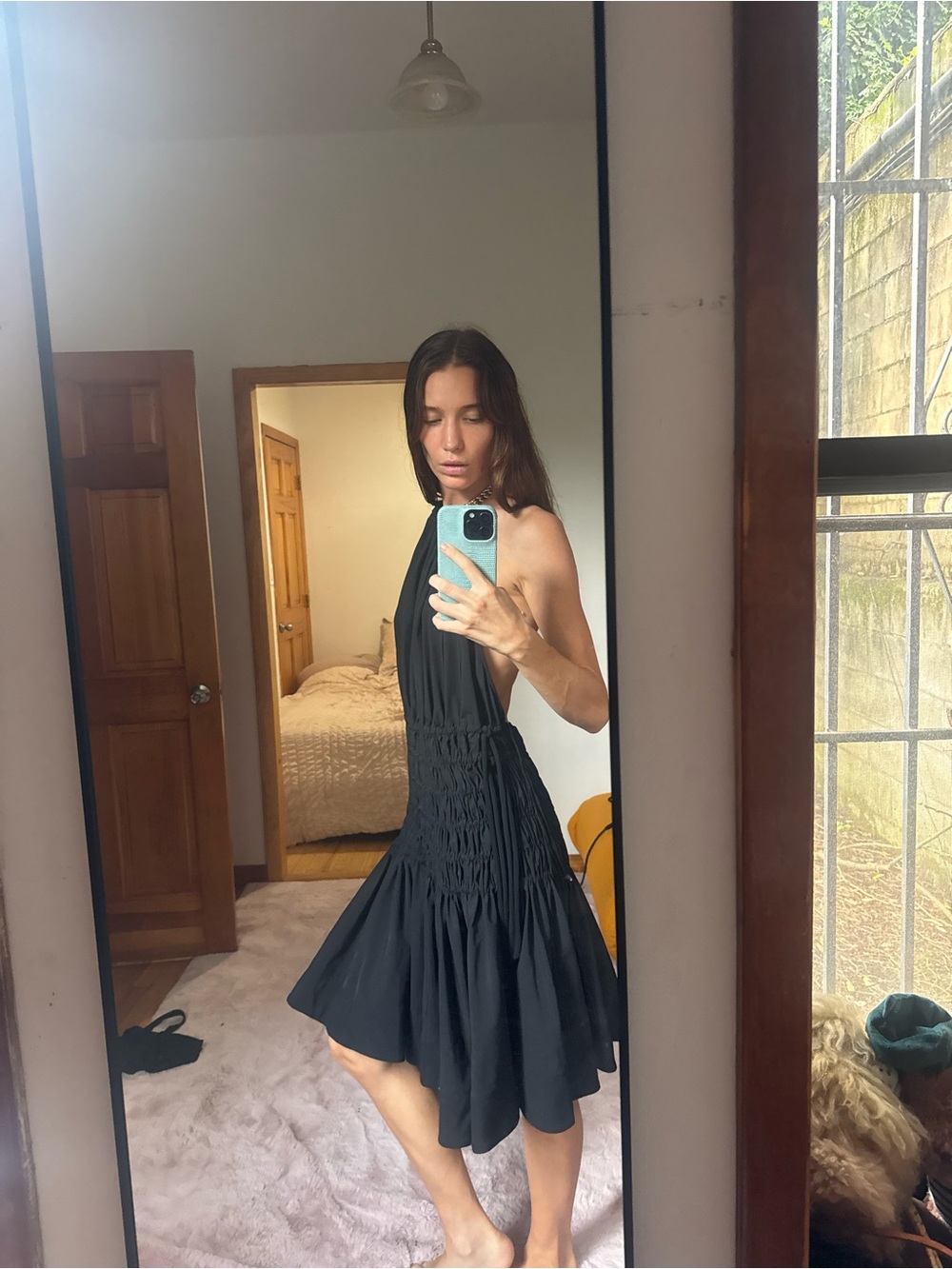 Proenza Schouler Black One-Shoulder Smocked Fit-and-Flare Dress